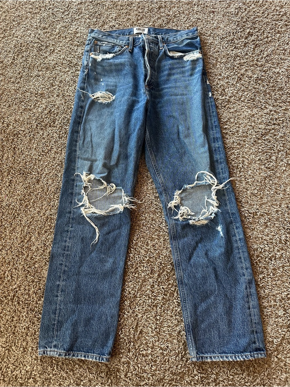 AGOLDE 90’s high rise loose fit   Distressed Blue Denim Jeans size 28